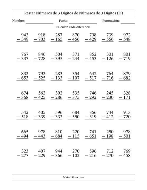 La hoja de ejercicios de Restar números de 3 dígitos de números de 3 dígitos, con acarreo en algunas preguntas (49 preguntas) (D)