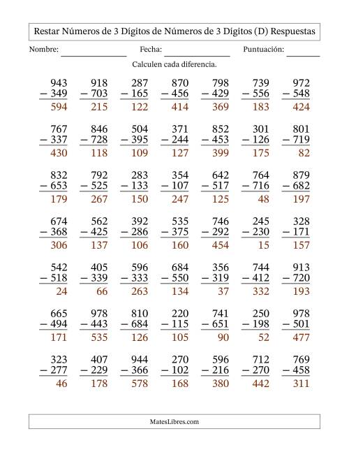 La hoja de ejercicios de Restar números de 3 dígitos de números de 3 dígitos, con acarreo en algunas preguntas (49 preguntas) (D) Página 2