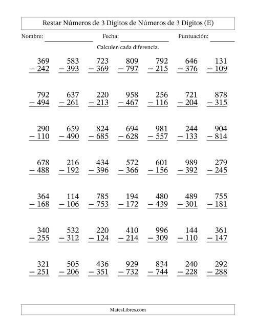 La hoja de ejercicios de Restar números de 3 dígitos de números de 3 dígitos, con acarreo en algunas preguntas (49 preguntas) (E)