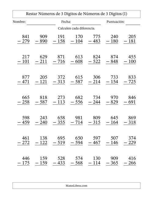 La hoja de ejercicios de Restar números de 3 dígitos de números de 3 dígitos, con acarreo en algunas preguntas (49 preguntas) (I)