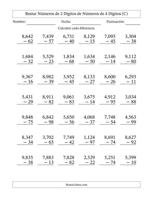 La hoja de ejercicios de Restar números de 2 dígitos de números de 4 dígitos, con acarreo en algunas preguntas (42 preguntas) (Coma como separador de millares) (C)