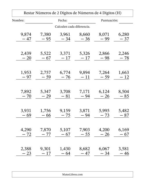La hoja de ejercicios de Restar números de 2 dígitos de números de 4 dígitos, con acarreo en algunas preguntas (42 preguntas) (Coma como separador de millares) (H)