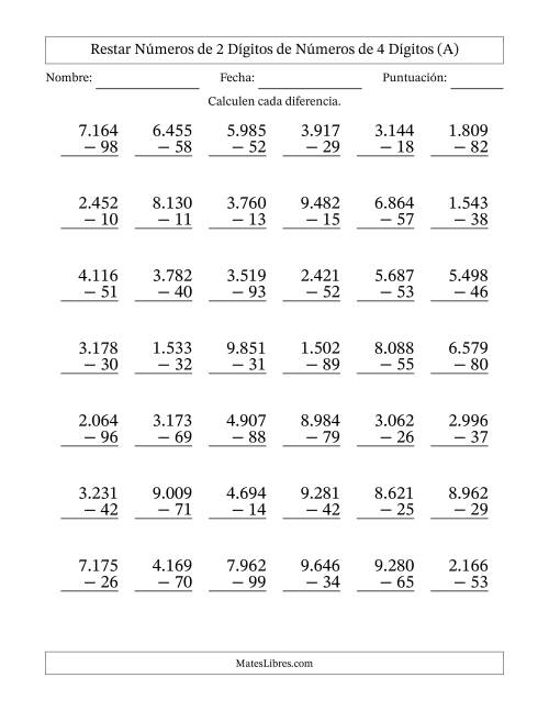 La hoja de ejercicios de Restar números de 2 dígitos de números de 4 dígitos, con acarreo en algunas preguntas (42 preguntas) (Punto como separador de millares) (A)