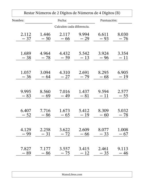 La hoja de ejercicios de Restar números de 2 dígitos de números de 4 dígitos, con acarreo en algunas preguntas (42 preguntas) (Punto como separador de millares) (B)