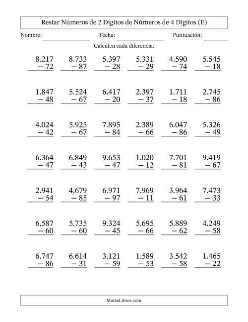 La hoja de ejercicios de Restar números de 2 dígitos de números de 4 dígitos, con acarreo en algunas preguntas (42 preguntas) (Punto como separador de millares) (E)