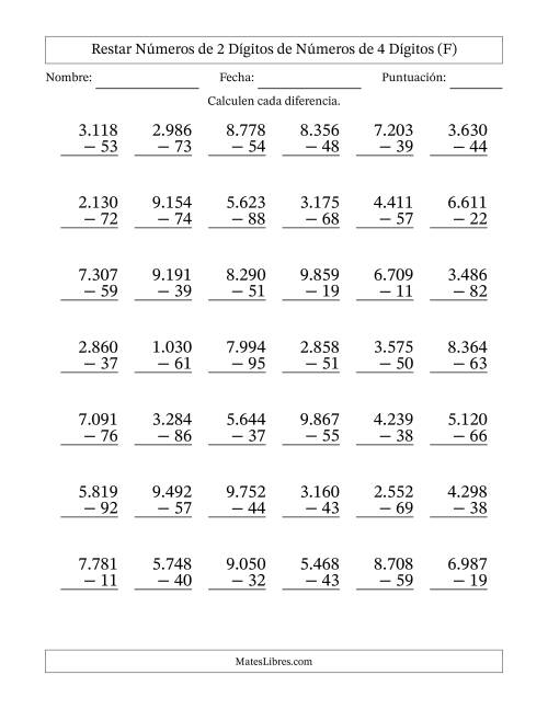 La hoja de ejercicios de Restar números de 2 dígitos de números de 4 dígitos, con acarreo en algunas preguntas (42 preguntas) (Punto como separador de millares) (F)
