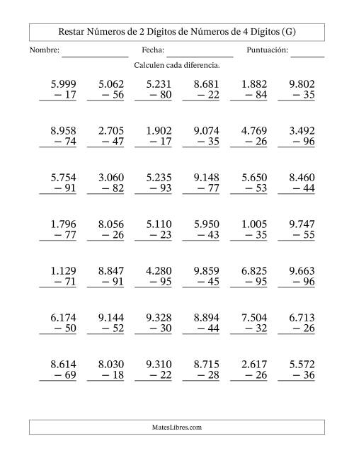 La hoja de ejercicios de Restar números de 2 dígitos de números de 4 dígitos, con acarreo en algunas preguntas (42 preguntas) (Punto como separador de millares) (G)