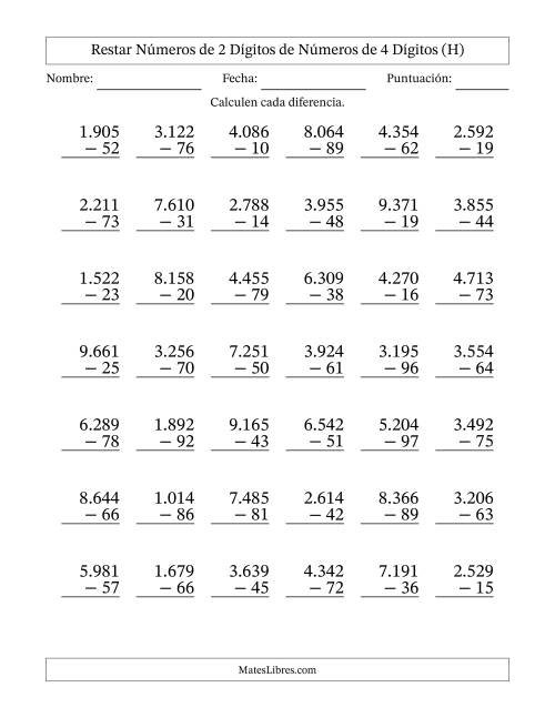 La hoja de ejercicios de Restar números de 2 dígitos de números de 4 dígitos, con acarreo en algunas preguntas (42 preguntas) (Punto como separador de millares) (H)