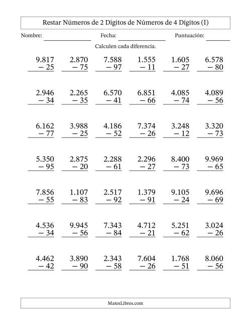 La hoja de ejercicios de Restar números de 2 dígitos de números de 4 dígitos, con acarreo en algunas preguntas (42 preguntas) (Punto como separador de millares) (I)