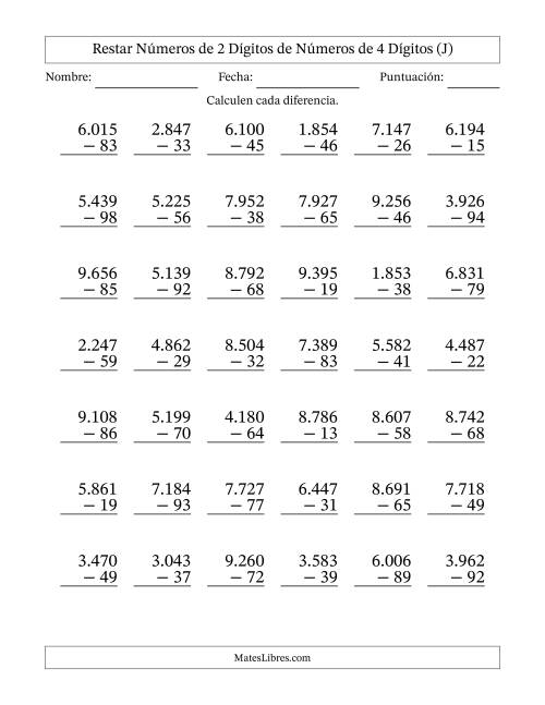 La hoja de ejercicios de Restar números de 2 dígitos de números de 4 dígitos, con acarreo en algunas preguntas (42 preguntas) (Punto como separador de millares) (J)