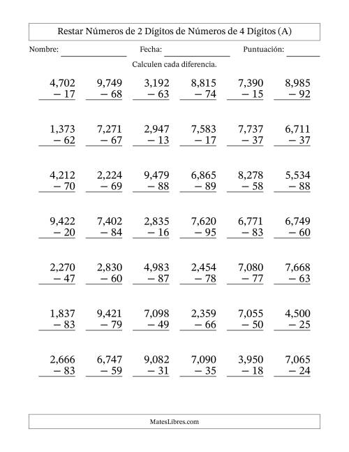 La hoja de ejercicios de Restar números de 2 dígitos de números de 4 dígitos, con acarreo en algunas preguntas (42 preguntas) (Coma como separador de millares) (Todas)