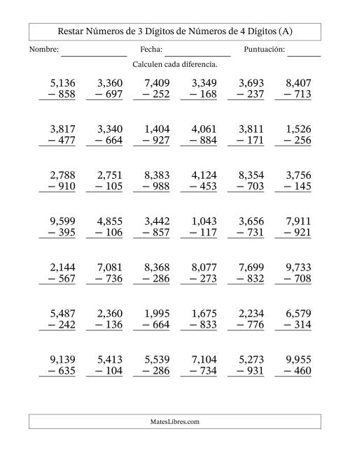 La hoja de ejercicios de Restar números de 3 dígitos de números de 4 dígitos, con acarreo en algunas preguntas (42 preguntas) (Coma como separador de millares) (A)