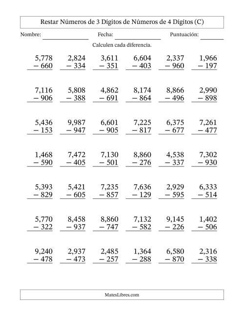 La hoja de ejercicios de Restar números de 3 dígitos de números de 4 dígitos, con acarreo en algunas preguntas (42 preguntas) (Coma como separador de millares) (C)