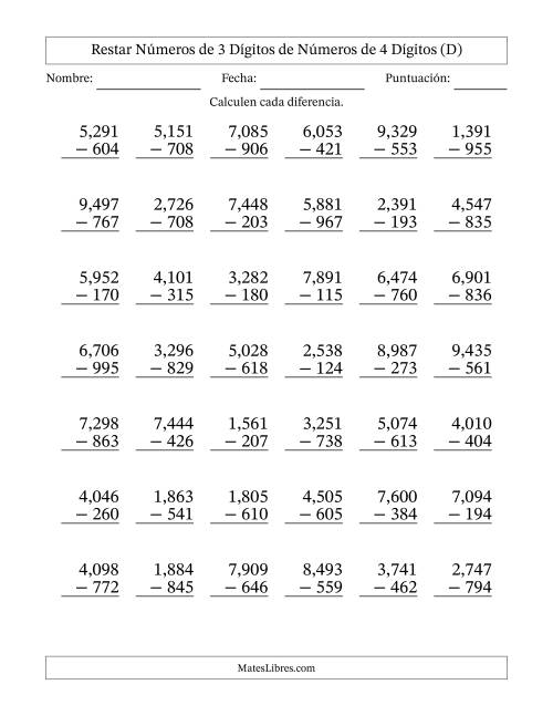 La hoja de ejercicios de Restar números de 3 dígitos de números de 4 dígitos, con acarreo en algunas preguntas (42 preguntas) (Coma como separador de millares) (D)