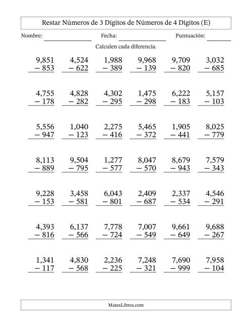 La hoja de ejercicios de Restar números de 3 dígitos de números de 4 dígitos, con acarreo en algunas preguntas (42 preguntas) (Coma como separador de millares) (E)