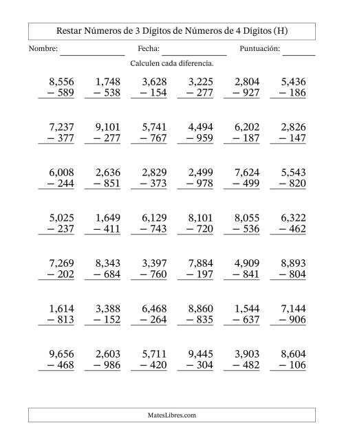 La hoja de ejercicios de Restar números de 3 dígitos de números de 4 dígitos, con acarreo en algunas preguntas (42 preguntas) (Coma como separador de millares) (H)