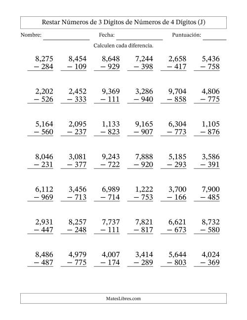La hoja de ejercicios de Restar números de 3 dígitos de números de 4 dígitos, con acarreo en algunas preguntas (42 preguntas) (Coma como separador de millares) (J)