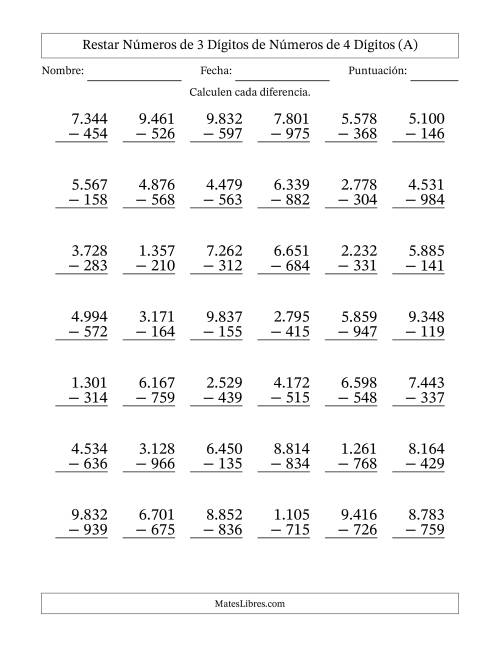 La hoja de ejercicios de Restar números de 3 dígitos de números de 4 dígitos, con acarreo en algunas preguntas (42 preguntas) (Punto como separador de millares) (A)