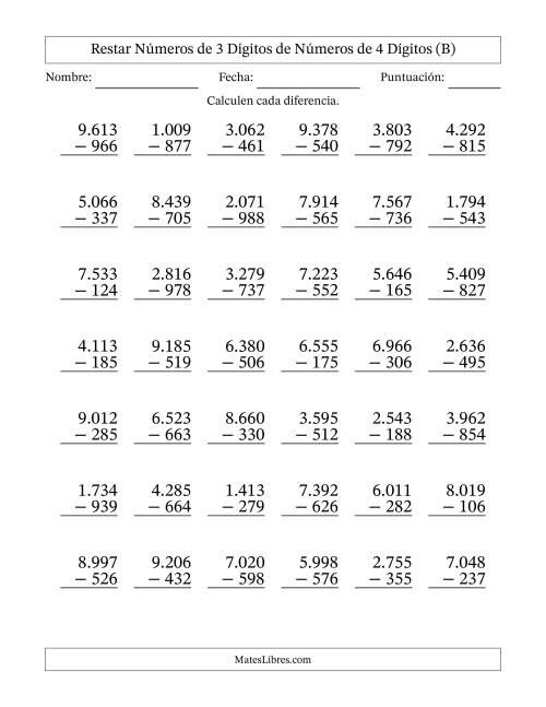 La hoja de ejercicios de Restar números de 3 dígitos de números de 4 dígitos, con acarreo en algunas preguntas (42 preguntas) (Punto como separador de millares) (B)