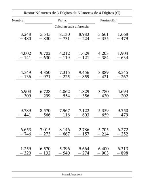 La hoja de ejercicios de Restar números de 3 dígitos de números de 4 dígitos, con acarreo en algunas preguntas (42 preguntas) (Punto como separador de millares) (C)