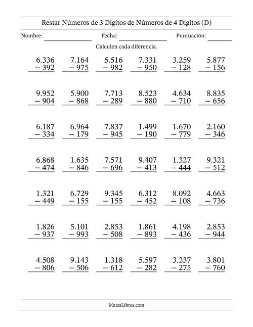 La hoja de ejercicios de Restar números de 3 dígitos de números de 4 dígitos, con acarreo en algunas preguntas (42 preguntas) (Punto como separador de millares) (D)
