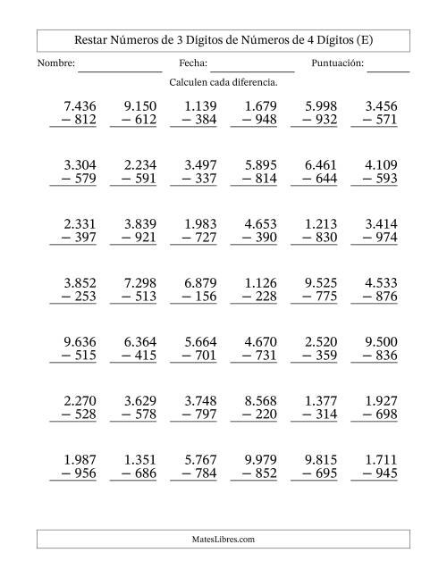 La hoja de ejercicios de Restar números de 3 dígitos de números de 4 dígitos, con acarreo en algunas preguntas (42 preguntas) (Punto como separador de millares) (E)