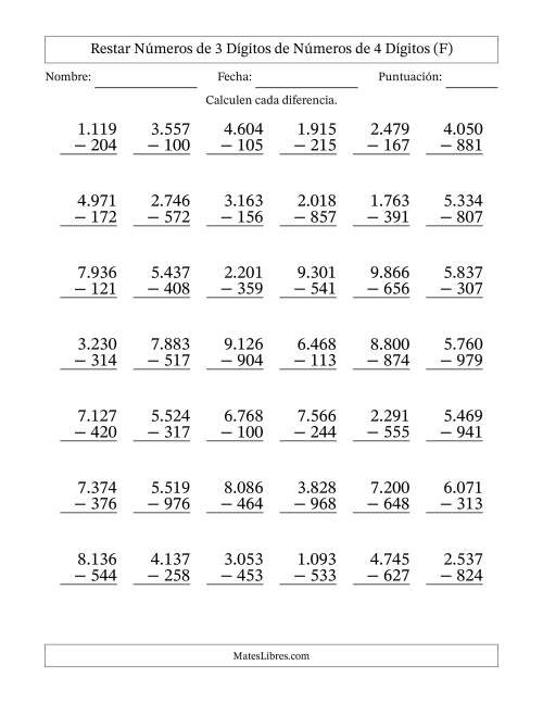 La hoja de ejercicios de Restar números de 3 dígitos de números de 4 dígitos, con acarreo en algunas preguntas (42 preguntas) (Punto como separador de millares) (F)