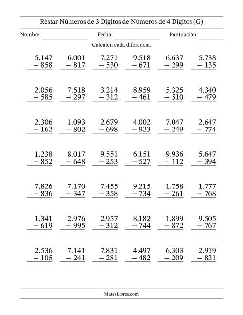 La hoja de ejercicios de Restar números de 3 dígitos de números de 4 dígitos, con acarreo en algunas preguntas (42 preguntas) (Punto como separador de millares) (G)