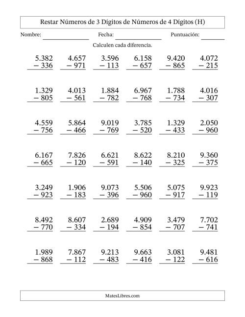La hoja de ejercicios de Restar números de 3 dígitos de números de 4 dígitos, con acarreo en algunas preguntas (42 preguntas) (Punto como separador de millares) (H)