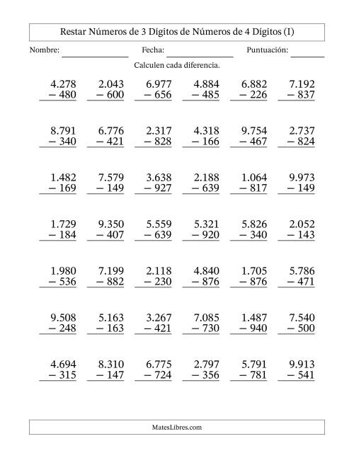 La hoja de ejercicios de Restar números de 3 dígitos de números de 4 dígitos, con acarreo en algunas preguntas (42 preguntas) (Punto como separador de millares) (I)