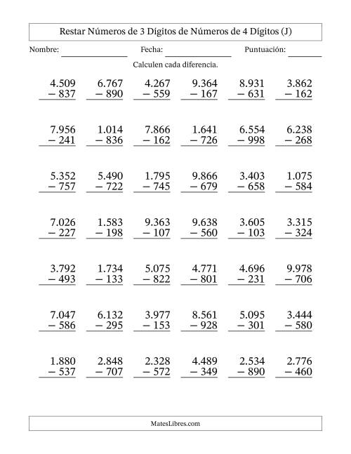 La hoja de ejercicios de Restar números de 3 dígitos de números de 4 dígitos, con acarreo en algunas preguntas (42 preguntas) (Punto como separador de millares) (J)