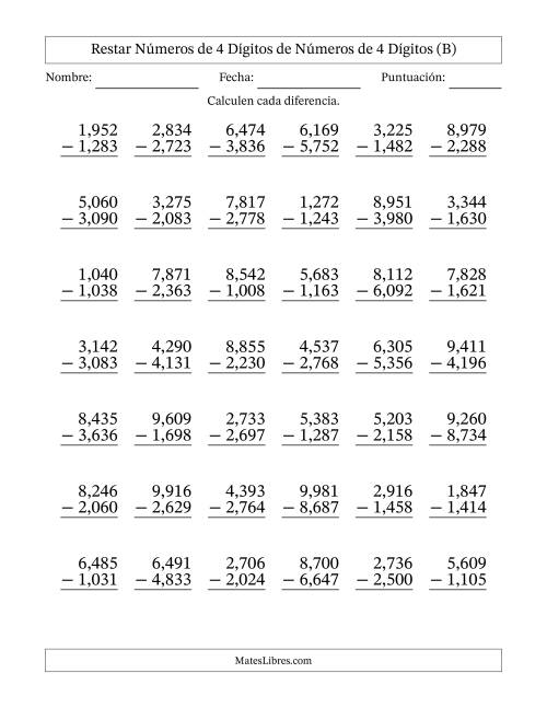 La hoja de ejercicios de Restar números de 4 dígitos de números de 4 dígitos, con acarreo en algunas preguntas (42 preguntas) (Coma como separador de millares) (B)