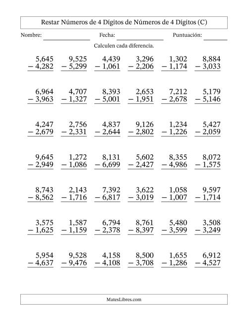 La hoja de ejercicios de Restar números de 4 dígitos de números de 4 dígitos, con acarreo en algunas preguntas (42 preguntas) (Coma como separador de millares) (C)