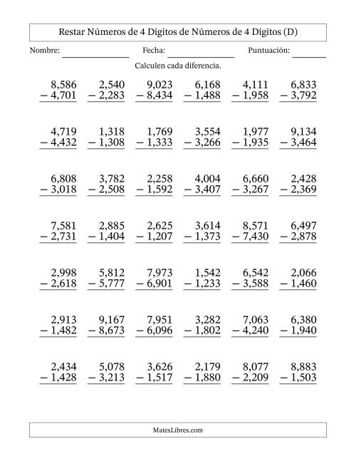La hoja de ejercicios de Restar números de 4 dígitos de números de 4 dígitos, con acarreo en algunas preguntas (42 preguntas) (Coma como separador de millares) (D)