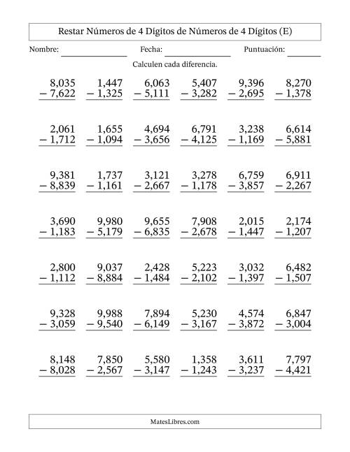 La hoja de ejercicios de Restar números de 4 dígitos de números de 4 dígitos, con acarreo en algunas preguntas (42 preguntas) (Coma como separador de millares) (E)