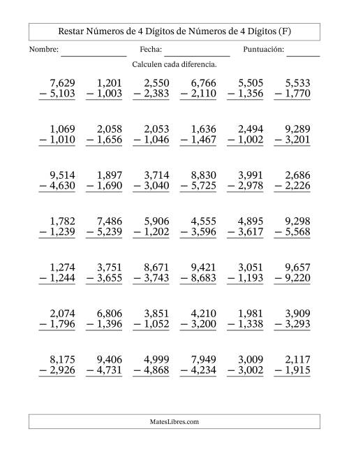 La hoja de ejercicios de Restar números de 4 dígitos de números de 4 dígitos, con acarreo en algunas preguntas (42 preguntas) (Coma como separador de millares) (F)