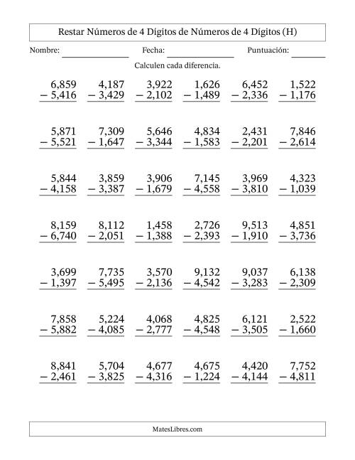 La hoja de ejercicios de Restar números de 4 dígitos de números de 4 dígitos, con acarreo en algunas preguntas (42 preguntas) (Coma como separador de millares) (H)