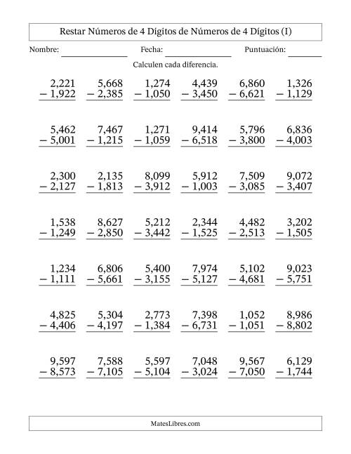 La hoja de ejercicios de Restar números de 4 dígitos de números de 4 dígitos, con acarreo en algunas preguntas (42 preguntas) (Coma como separador de millares) (I)