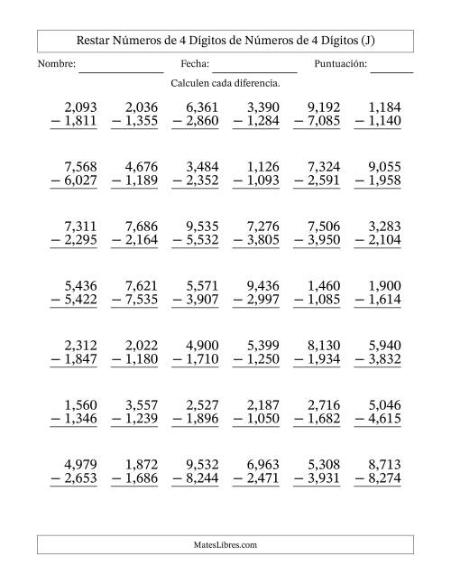 La hoja de ejercicios de Restar números de 4 dígitos de números de 4 dígitos, con acarreo en algunas preguntas (42 preguntas) (Coma como separador de millares) (J)