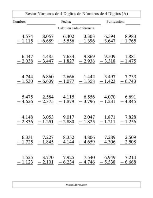 La hoja de ejercicios de Restar números de 4 dígitos de números de 4 dígitos, con acarreo en algunas preguntas (42 preguntas) (Punto como separador de millares) (A)