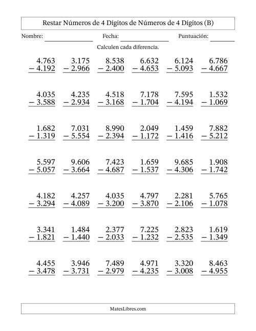 La hoja de ejercicios de Restar números de 4 dígitos de números de 4 dígitos, con acarreo en algunas preguntas (42 preguntas) (Punto como separador de millares) (B)