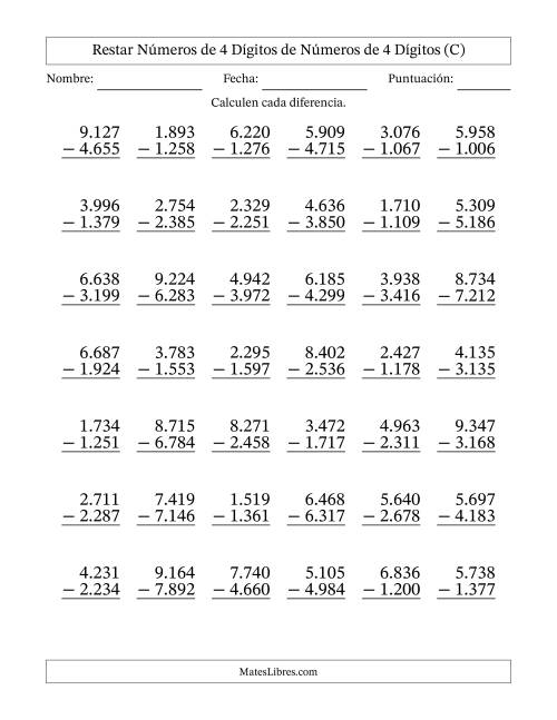La hoja de ejercicios de Restar números de 4 dígitos de números de 4 dígitos, con acarreo en algunas preguntas (42 preguntas) (Punto como separador de millares) (C)