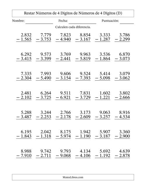 La hoja de ejercicios de Restar números de 4 dígitos de números de 4 dígitos, con acarreo en algunas preguntas (42 preguntas) (Punto como separador de millares) (D)