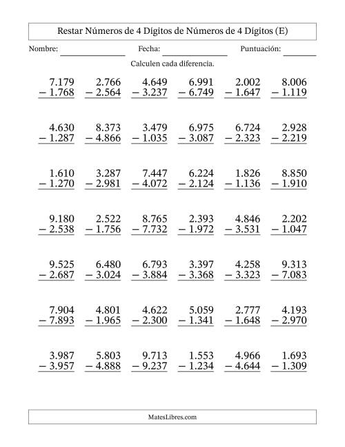 La hoja de ejercicios de Restar números de 4 dígitos de números de 4 dígitos, con acarreo en algunas preguntas (42 preguntas) (Punto como separador de millares) (E)