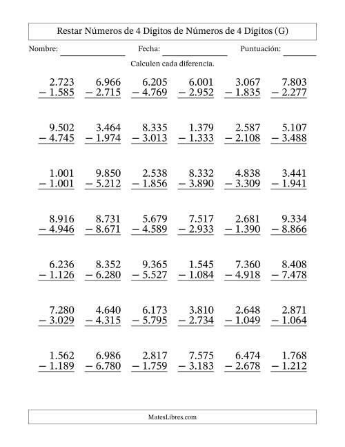 La hoja de ejercicios de Restar números de 4 dígitos de números de 4 dígitos, con acarreo en algunas preguntas (42 preguntas) (Punto como separador de millares) (G)