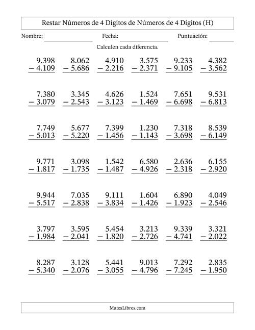 La hoja de ejercicios de Restar números de 4 dígitos de números de 4 dígitos, con acarreo en algunas preguntas (42 preguntas) (Punto como separador de millares) (H)