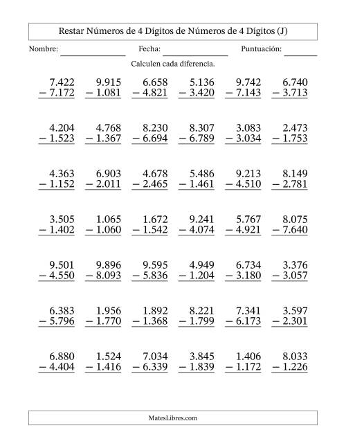 La hoja de ejercicios de Restar números de 4 dígitos de números de 4 dígitos, con acarreo en algunas preguntas (42 preguntas) (Punto como separador de millares) (J)