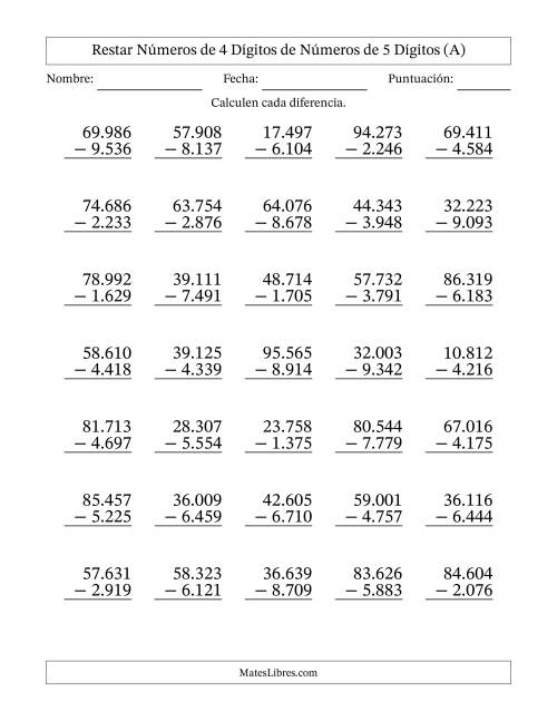 La hoja de ejercicios de Restar números de 4 dígitos de números de 5 dígitos, con acarreo en algunas preguntas (35 preguntas) (Punto como separador de millares) (Todas)