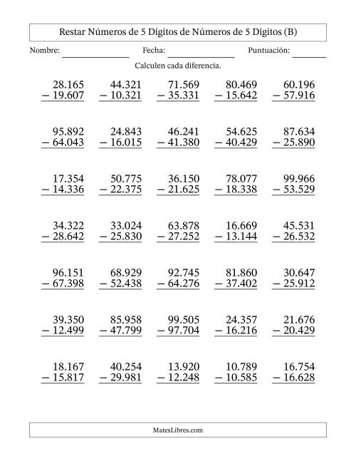 La hoja de ejercicios de Restar números de 5 dígitos de números de 5 dígitos, con acarreo en algunas preguntas (35 preguntas) (Punto como separador de millares) (B)