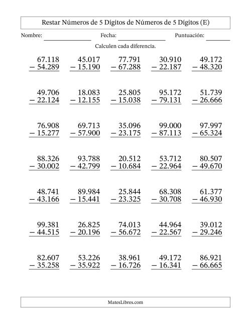 La hoja de ejercicios de Restar números de 5 dígitos de números de 5 dígitos, con acarreo en algunas preguntas (35 preguntas) (Punto como separador de millares) (E)